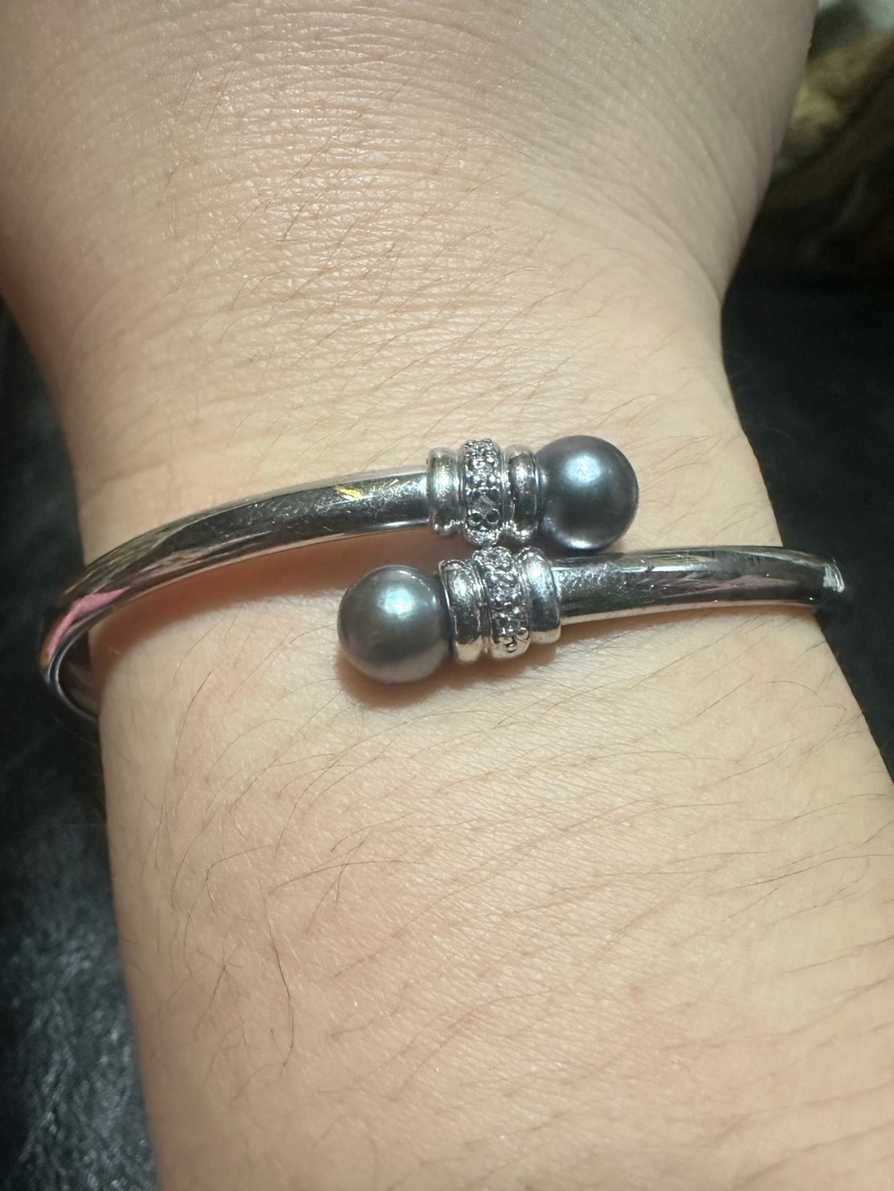 10k white gold Open Cuff Bracelet with tahitian pearl/diamond Accents